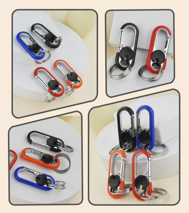 A collection of various colored and style lock carabiners and keychains displayed on a white background.