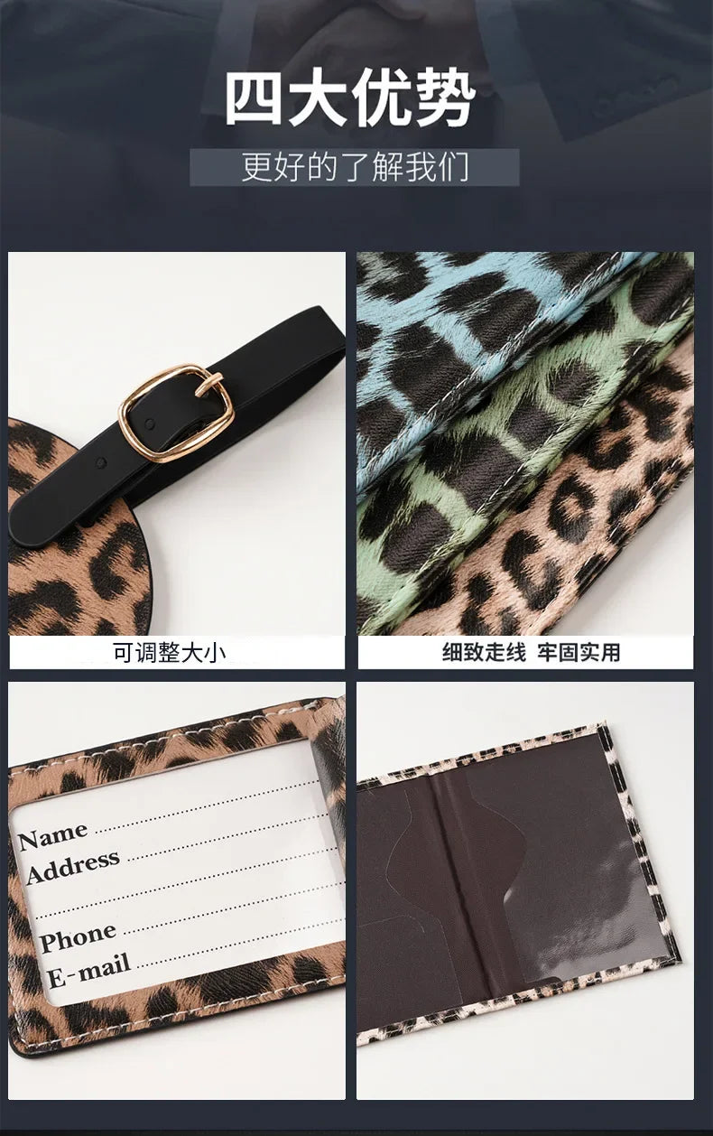 Leopard print passport holder featuring card slots and a leather strap.