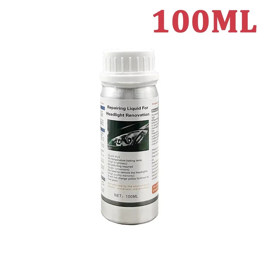A 100ml bottle of repairing liquid for headlight renovation is shown.