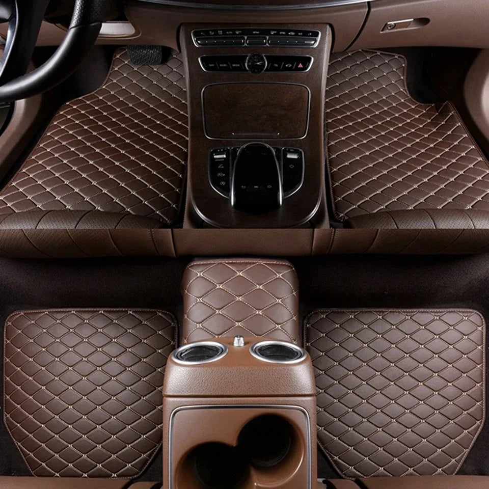 Interior view of a car with brown quilted PU leather floor mats and center console.