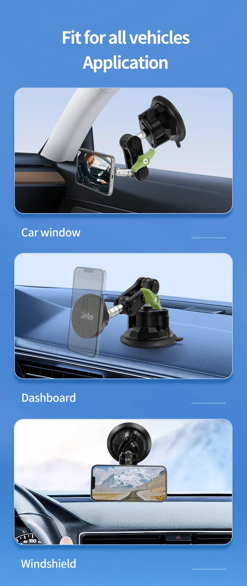 Support de téléphone magnétique rotatif 360° monté dans divers endroits du véhicule, comme la fenêtre et le tableau de bord.