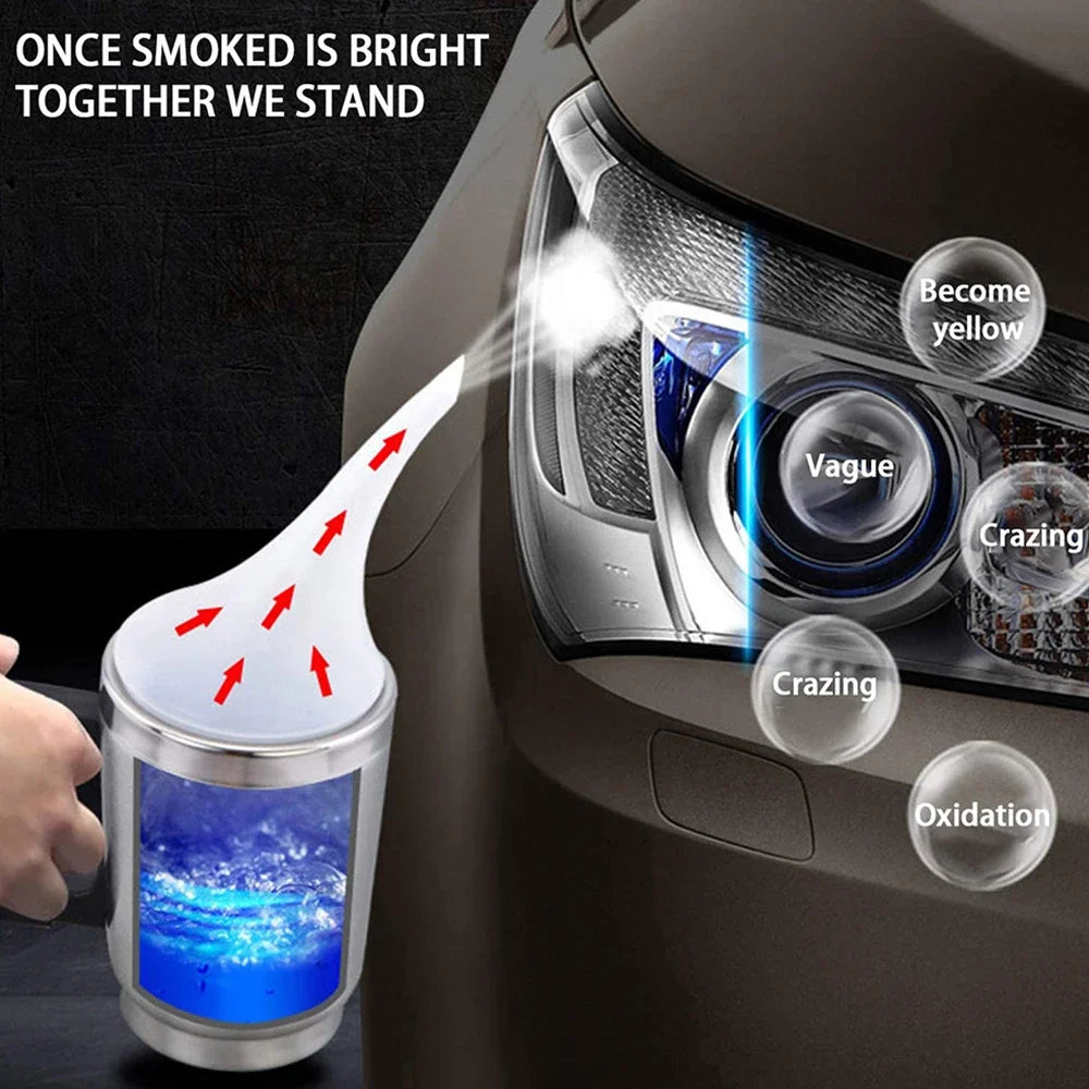 A close-up of a car headlight being restored, showing the difference between smoked and clear lights.