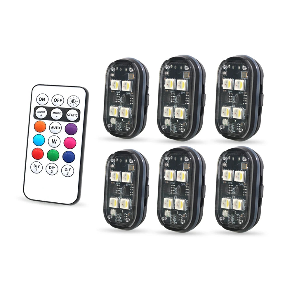 A set of five multi-color car ambient interior lights with remote controls displayed in various angles.