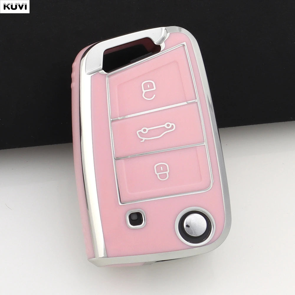 Pinkes TPU-Cover für VW/Skoda Schlüssel, zeigt verschiedene Schlüsselöffnungen und einen Münzmechanismus.