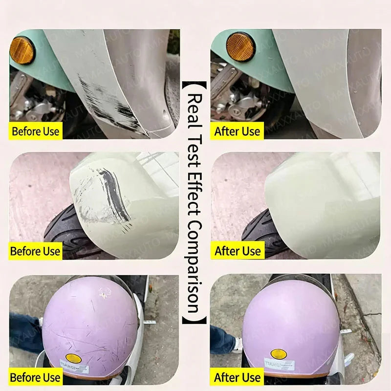Comparison showing before and after use of a professional car scratch remover kit on a vehicle surface.