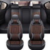 Black and brown premium PU leather car seat covers shown in a vehicle interior.