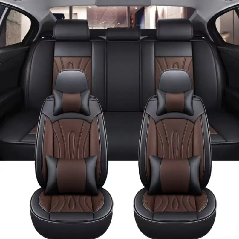 Black and brown premium PU leather car seat covers shown in a vehicle interior.