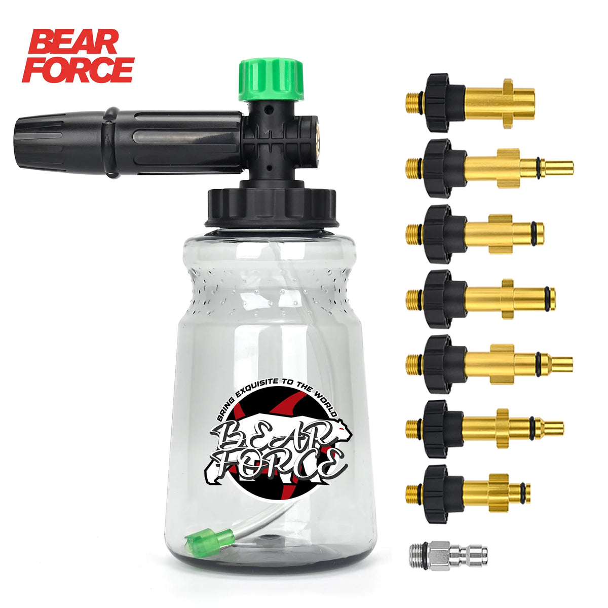 A clear bottle of high-pressure foam cleaning solution with a black nozzle and several brass fittings.