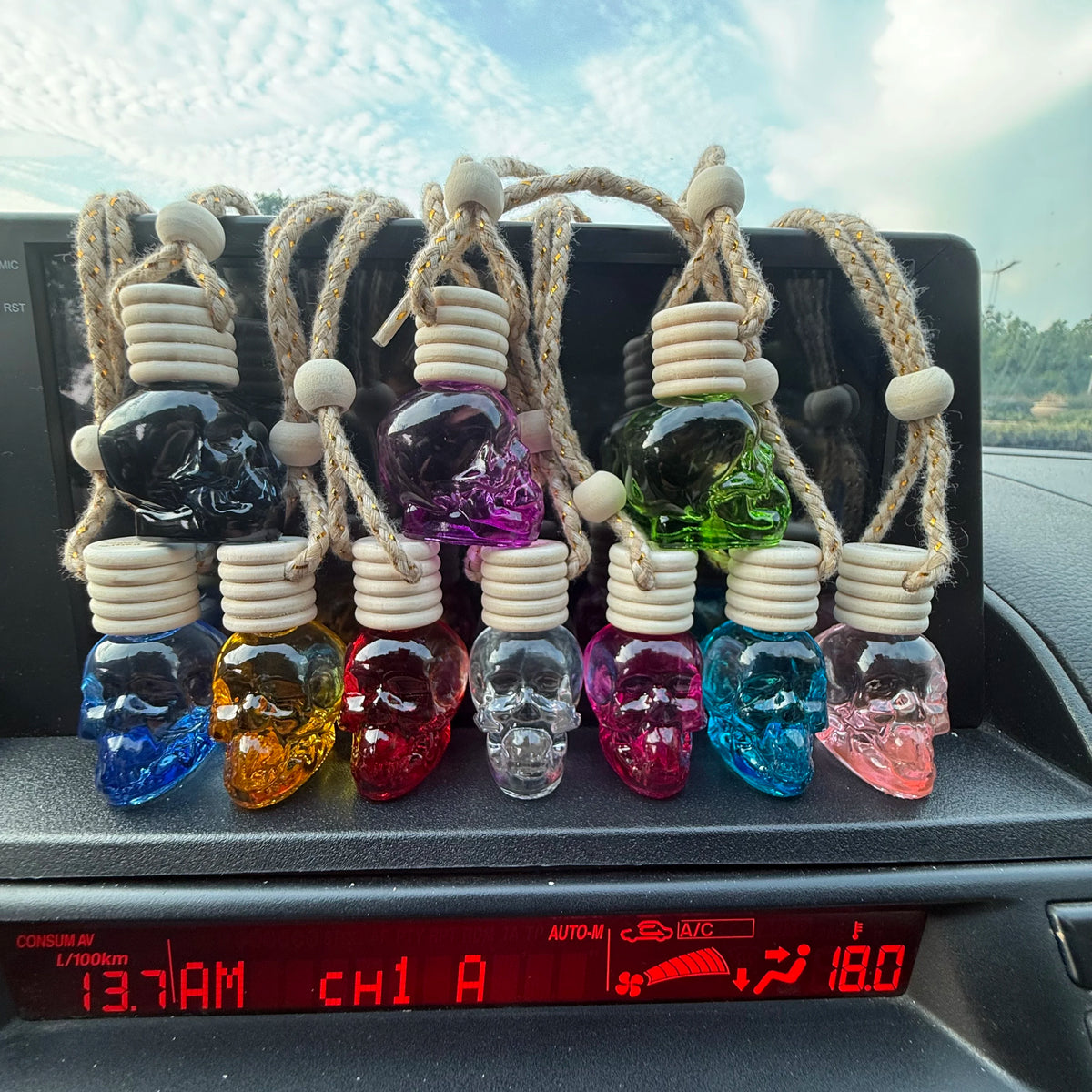 A display of skull-shaped air fresheners with various colored scents hanging from twine in a car interior.