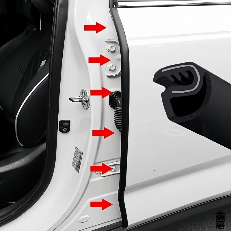 Close-up view of car door edge weatherstrip seal strips and related components on a white vehicle door frame.