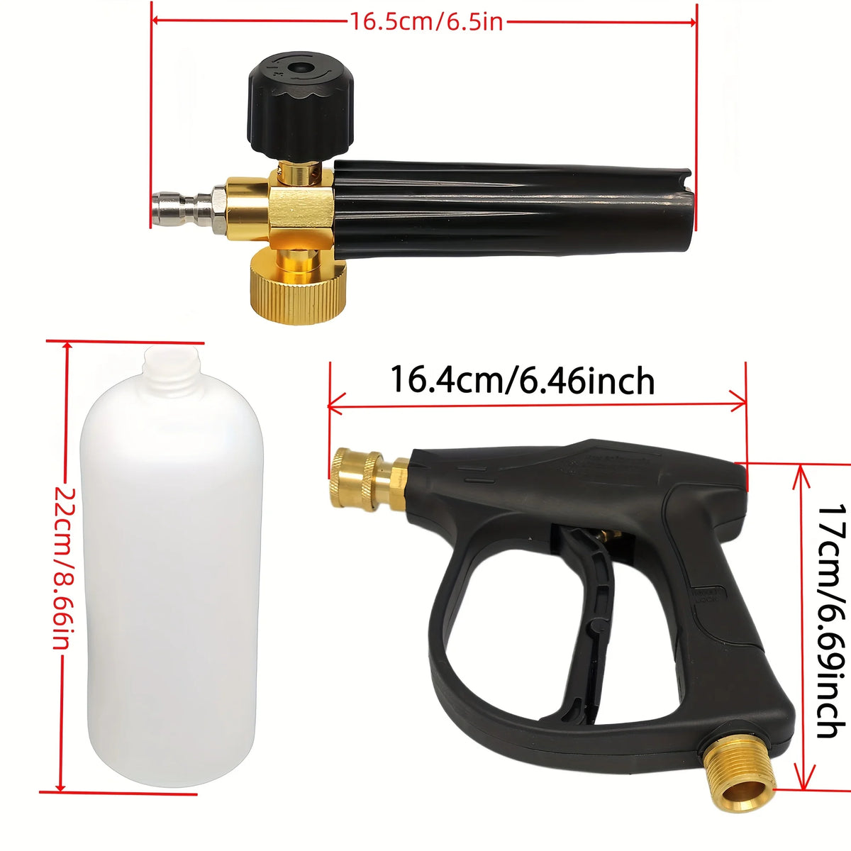 A black high-pressure cleaning gun with a brass nozzle and a white bottle, showing dimensions.