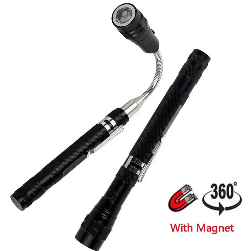 A black flexible magnetic LED flashlight with a lens and a handle.