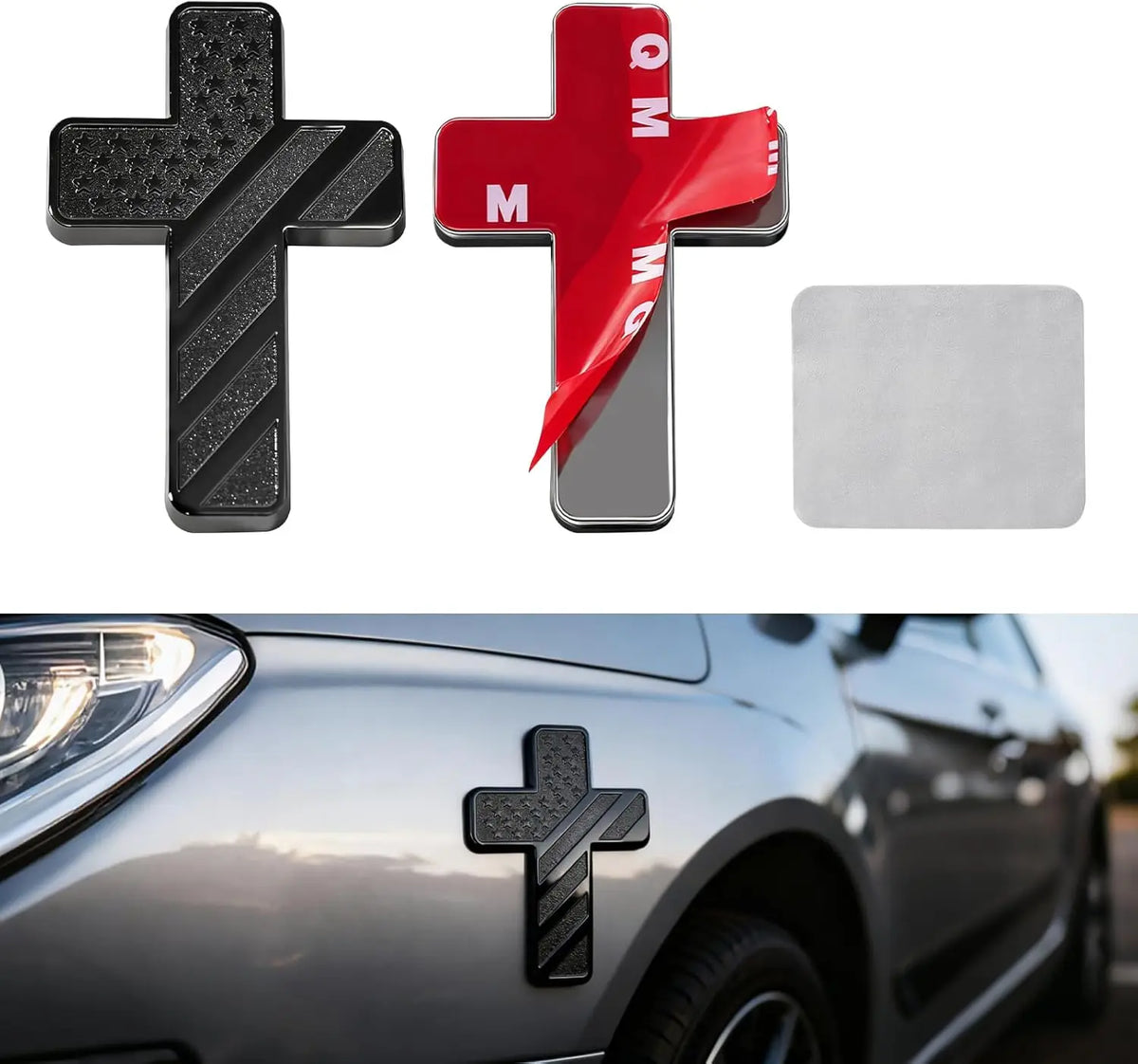 Drei Versionen eines schwarz-roten amerikanischen Kreuz-Decals für Fahrzeuge, einschließlich einer 3D-Reliefform.