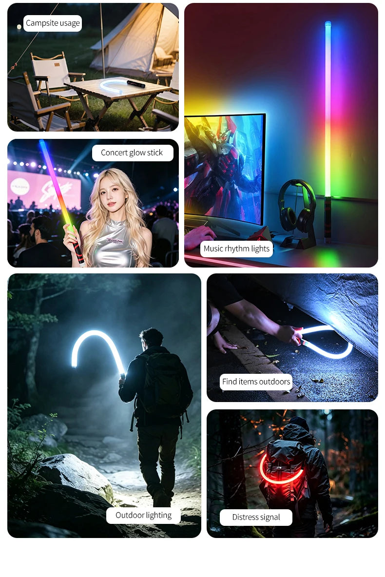 A collection of images showing various uses of a flexible USB rechargeable LED work light and camping lantern, including camp