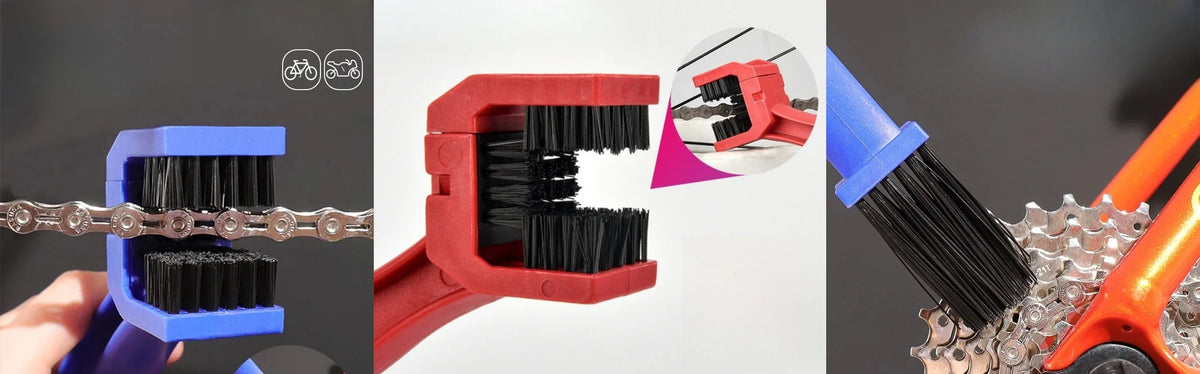 Primer plano de una herramienta de limpieza roja con cerdas negras para limpiar la cadena de una motocicleta.