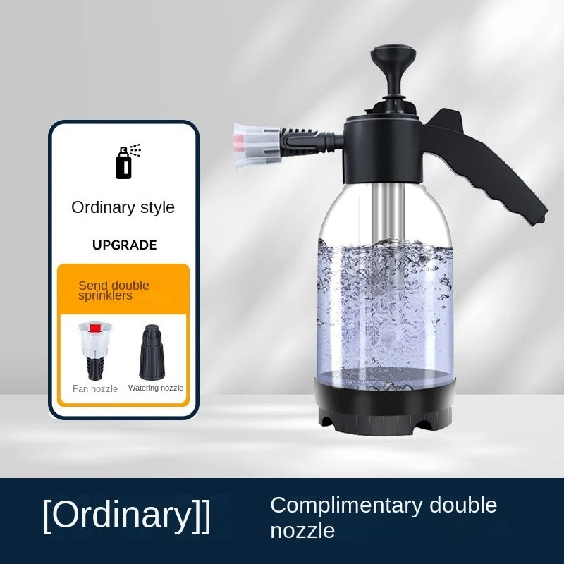 A clear hand pump foam sprayer with a black pump and a complementary double nozzle is shown against a light gray background.