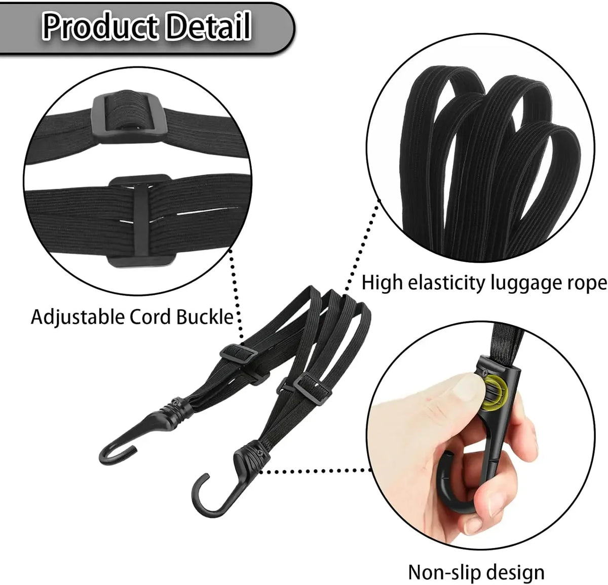 Vue détaillée de la corde de bagage élastique noire et de la boucle de cordon réglable pour un design antidérapant