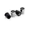 A set of four metal and black anodized tire valve caps for automotive use.