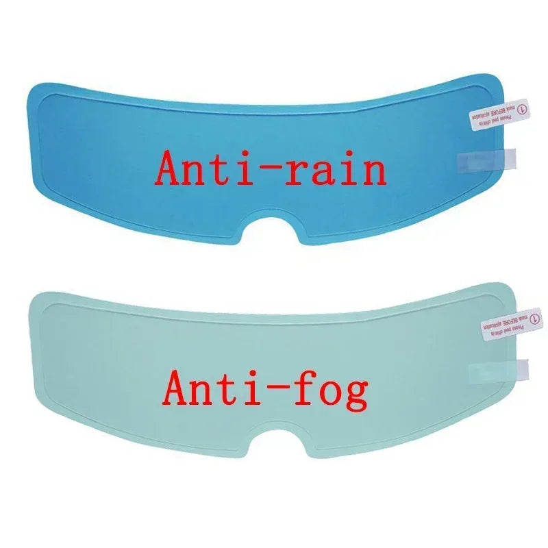 Two silicone films for motorcycle helmet visors, one labeled Anti-rain and the other Anti-fog.