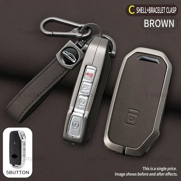 Brown shell and bracelet clasp key fob cover for Kia vehicles shown in various forms