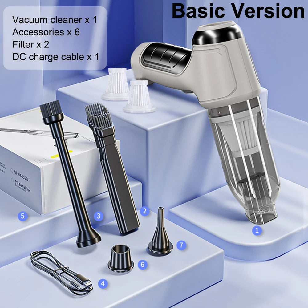 Basic version of a high-power wireless handheld vacuum cleaner with accessories and a DC charge cable displayed on a white su