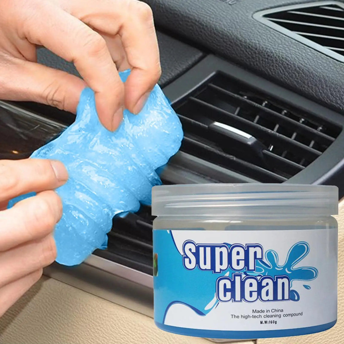 Hands are applying a blue cleaning gel to a car dashboard vent, next to the product jar.