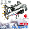 A silver dual trumpet air horn kit is shown next to a truck, demonstrating its super loud sound capability.