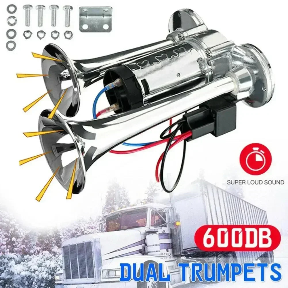 A silver dual trumpet air horn kit is shown next to a truck, demonstrating its super loud sound capability.