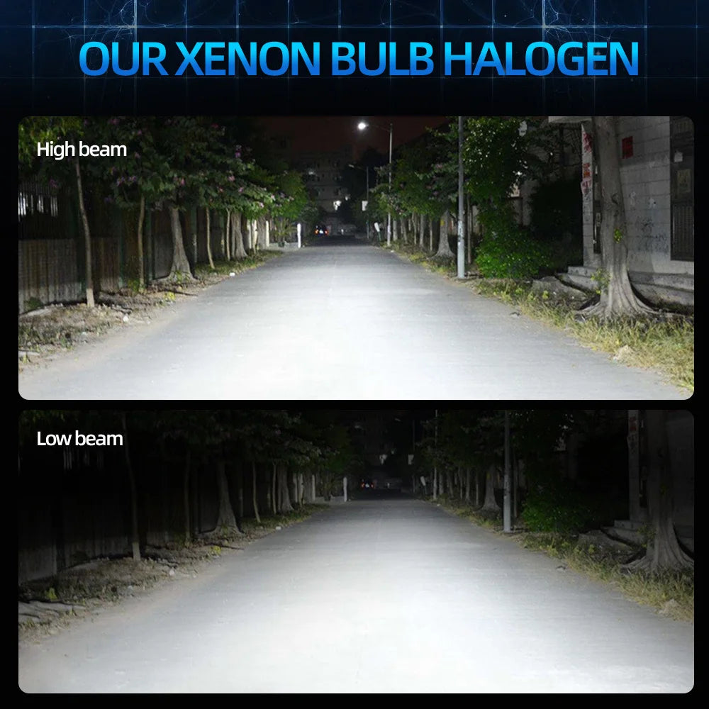Vergleich der Lichtmuster von Hoch- und Niedriglicht durch Xenon-Glühbirne und Halogen-Scheinwerfer.