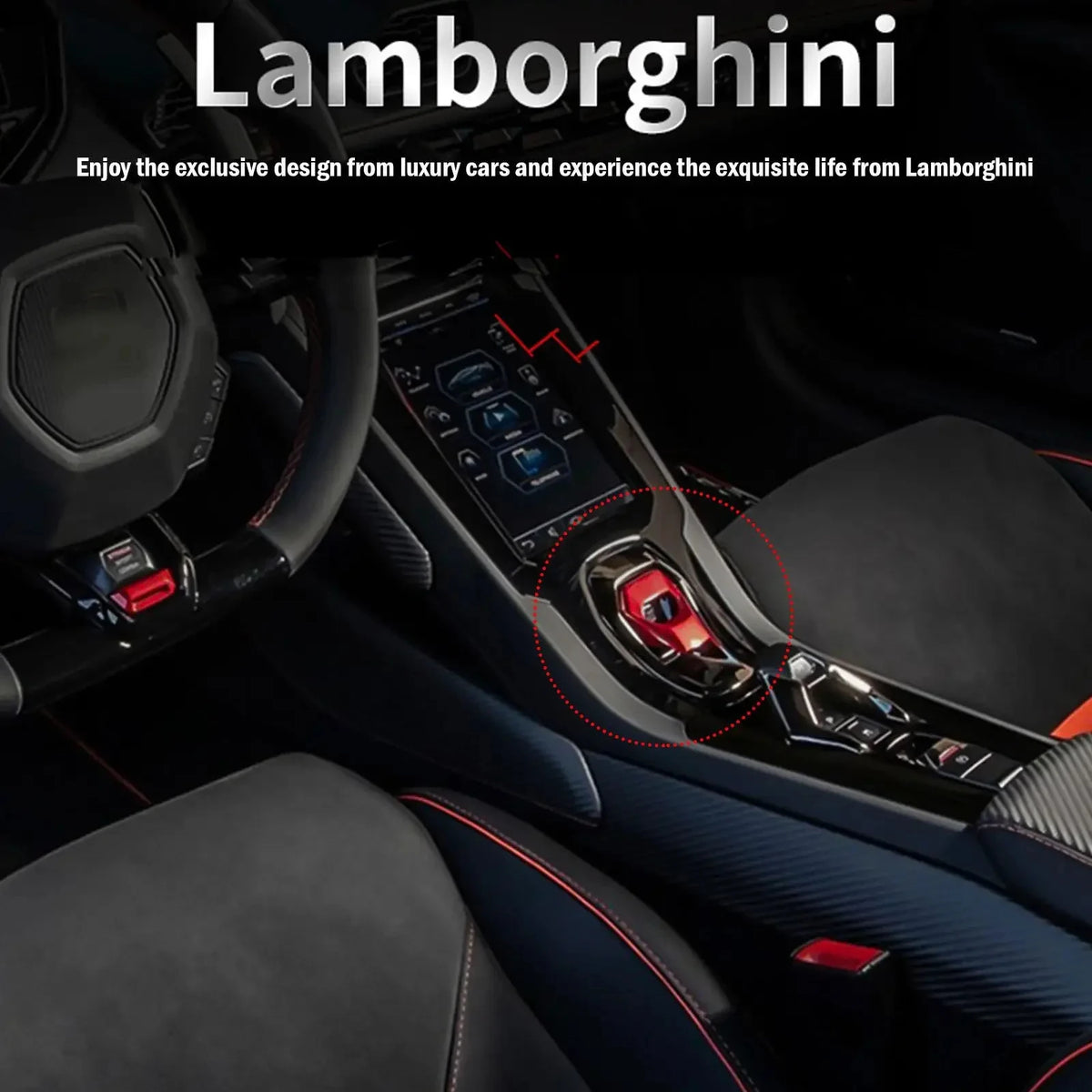 Innenansicht eines Lamborghini mit Lenkrad, Armaturenbrett-Steuerungen und Sitzdetails.