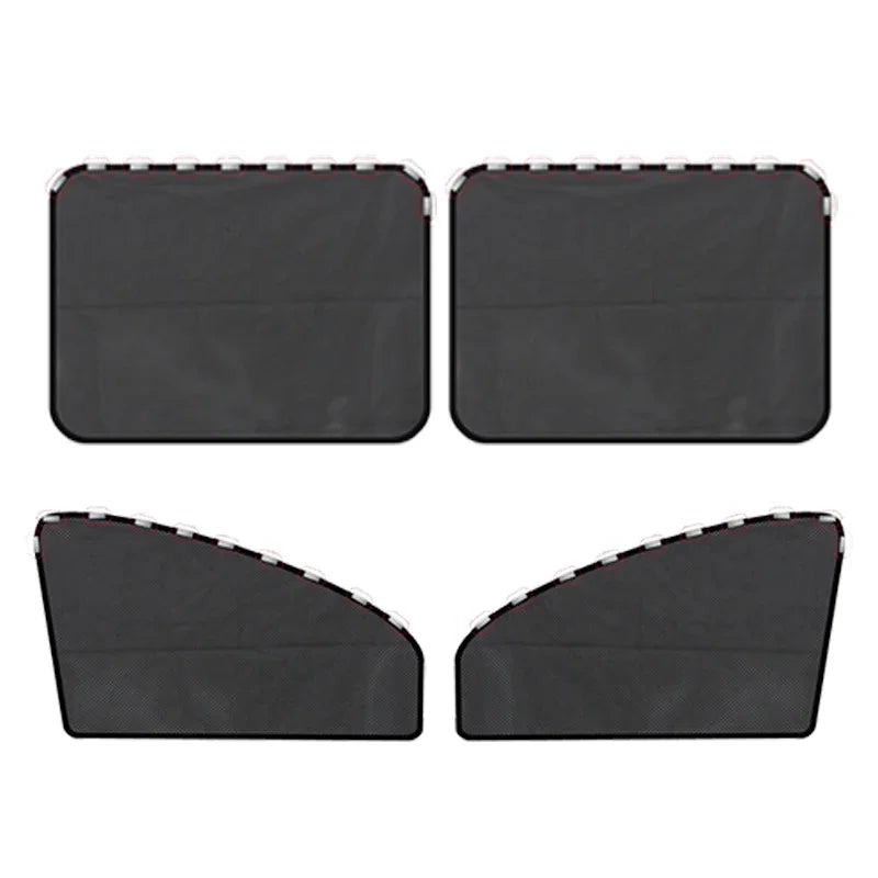 Black magnetic car window sunshades shown in two rectangular and two angled views