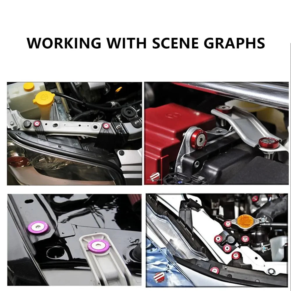 Nahaufnahme verschiedener Sechskantschrauben und Komponenten für Automobil-Szenen-Graphen.