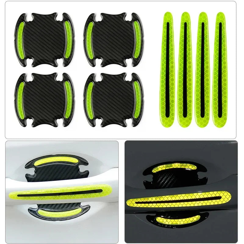 Set of reflective door handle protector strips in black and neon yellow for vehicle use