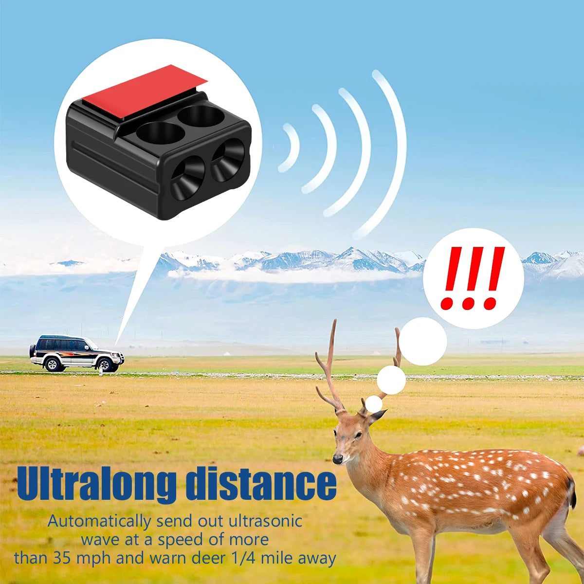 A red ultrasonic warning device is shown next to a deer in an open field.