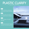 A product image showing a plastic clarifier spray for car trim and dashboard, with four benefits listed.