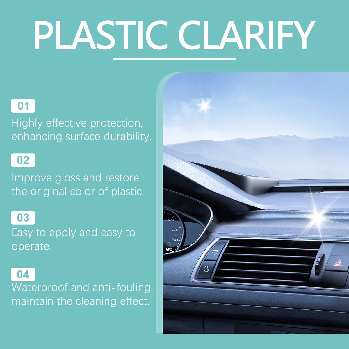 A product image showing a plastic clarifier spray for car trim and dashboard, with four benefits listed.