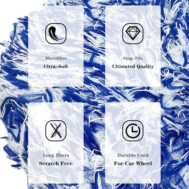 A collection of blue microfiber cleaning cloths and detailing tools, including ultra-soft and shag-pile materials.