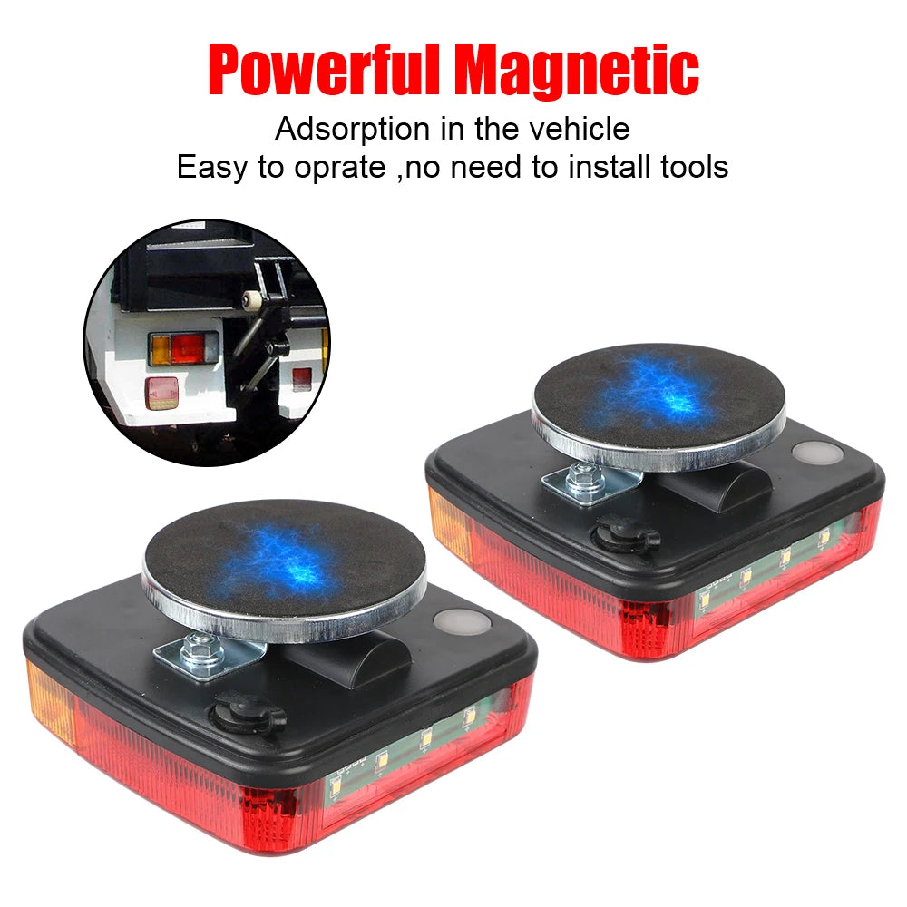 Magnetic wireless LED tail lights for vehicles shown in various angles and contexts.