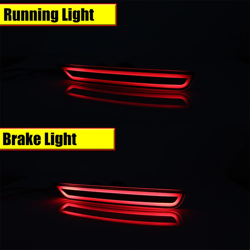 A comparison showing a running light and brake light from an LED rear bumper reflector, both glowing red.