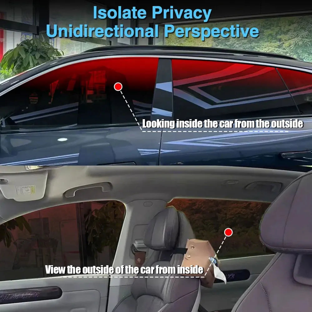 Diagram illustrating the unidirectional perspective of privacy tint film on a car window from both inside and outside.