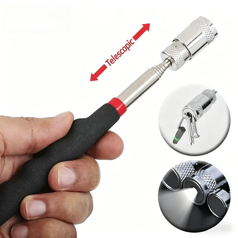 A hand holds a telescoping magnetic pickup tool with an LED light, showing the tool and its components.