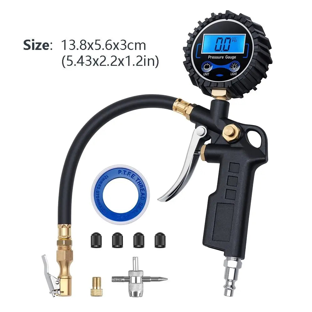 A digital tire pressure gauge with an inflator and quick connect coupler is shown, featuring a pressure gauge display and var