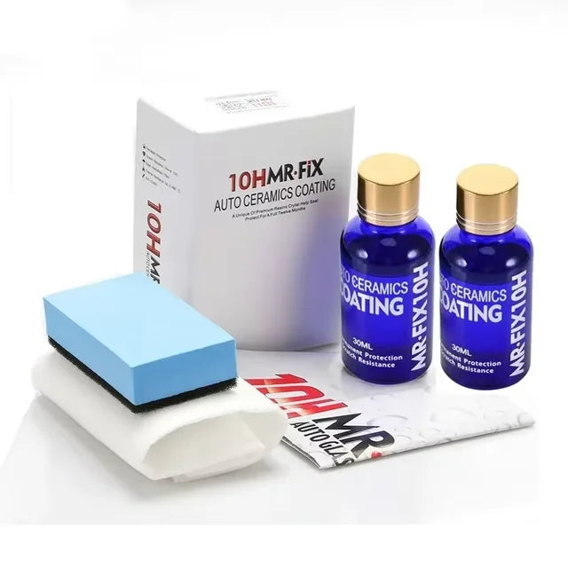 Three bottles of 10HMR-FIX auto ceramics coating liquid for car paint protection displayed next to its packaging box.