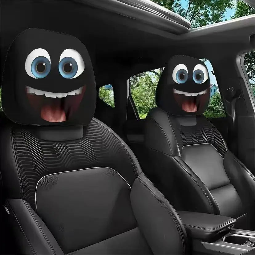 Black horror themed car headrest covers installed in a vehicle interior.