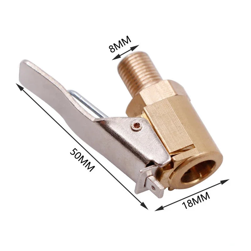A metallic portable tire pump with a threaded nozzle and a sliding mechanism, showing various dimensions.