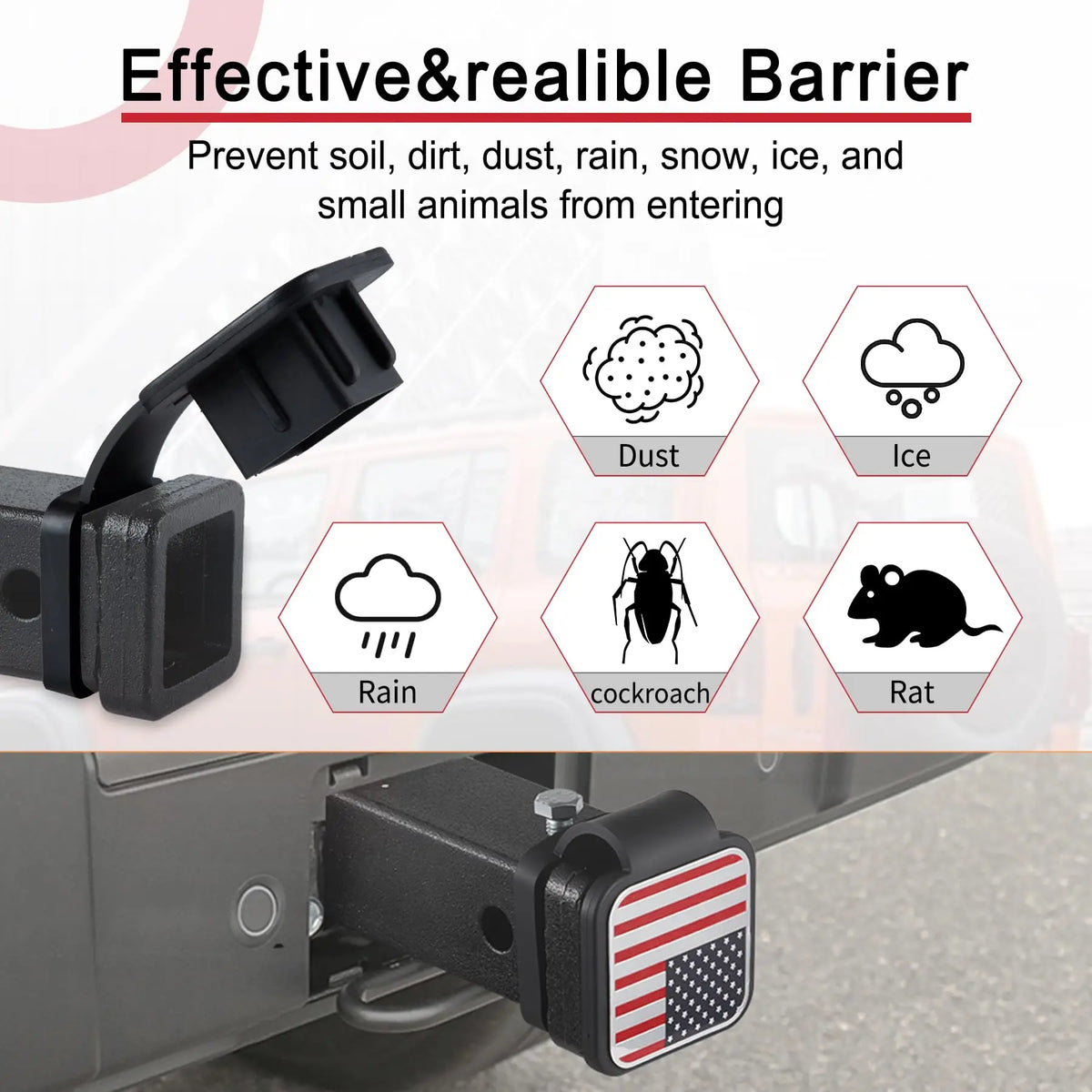 A black universal trailer hitch receiver cover with an American flag design is shown on a vehicle.