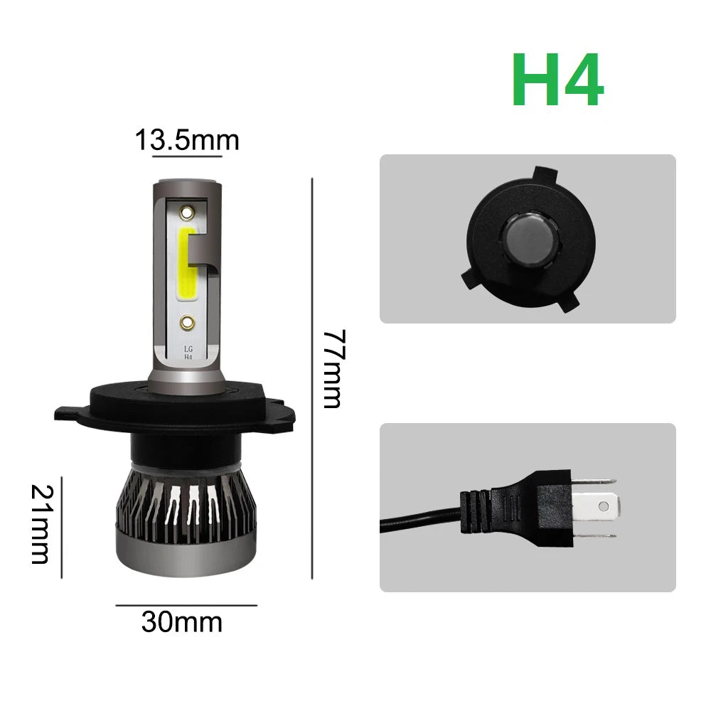 Hochleistungs-LED-Auto-Scheinwerfer-Glühbirnenbaugruppe mit silberner Basis, gelbem Licht und elektrischem Stecker.