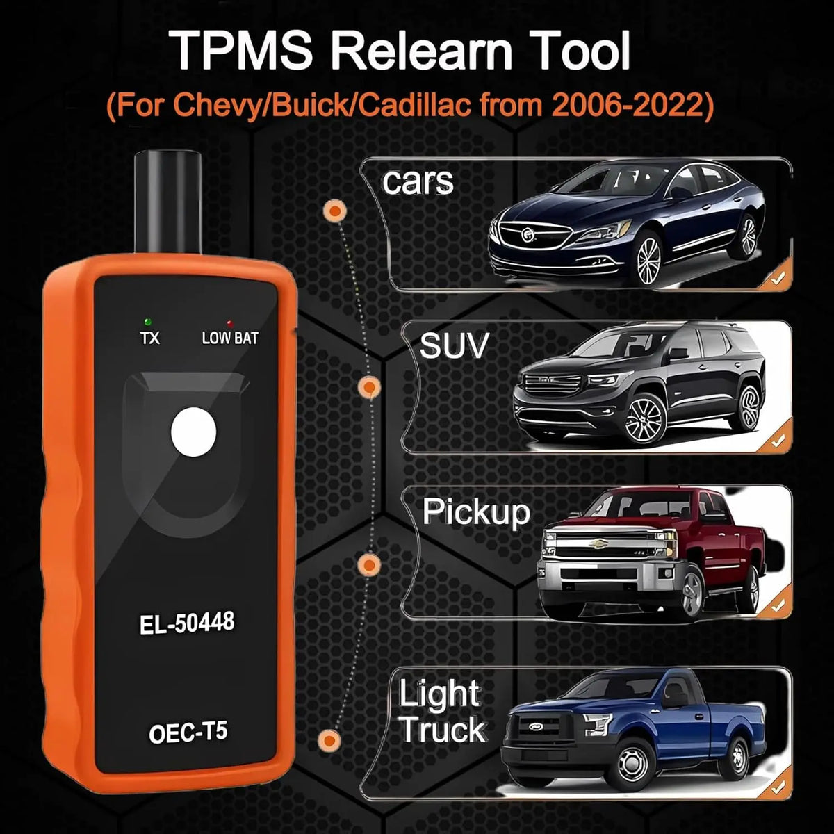 أداة إعادة تعلم لضغط الإطارات (TPMS) باللون البرتقالي لسيارات شيفروليه وبيوك وسيدان، مع نماذج سيارات مختلفة.