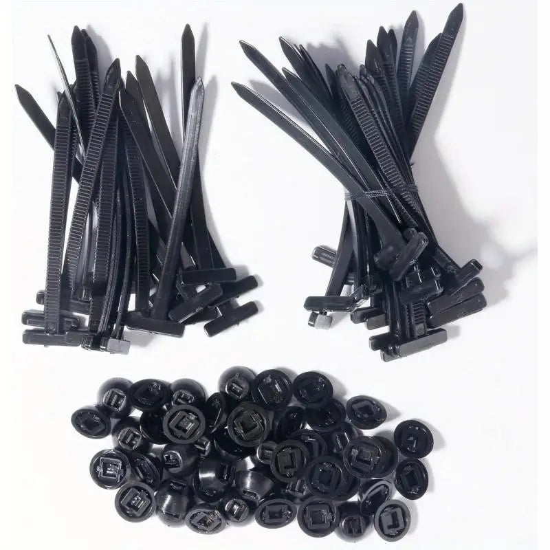 A collection of black nylon universal cable tie buckles for automotive and home use.
