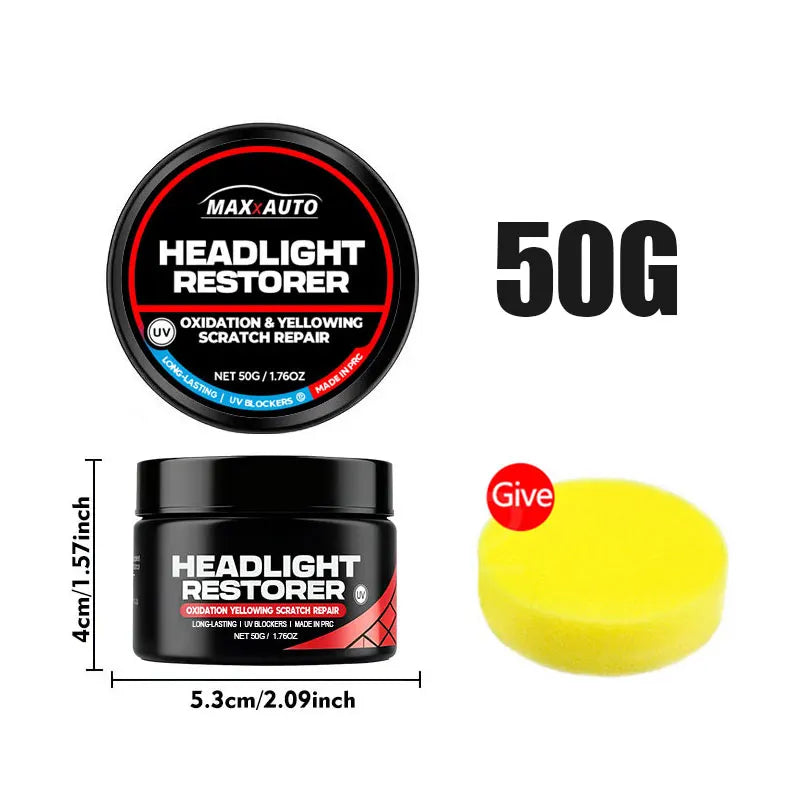 A black jar of headlight restorer product with a yellow tube shown next to it.